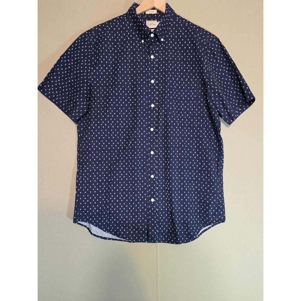 J.Crew Secret Wash Shirt Mens Medium Tall MT Navy Sailboat Print Short Sleeve